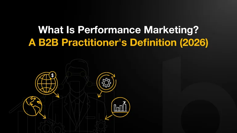 Black and yellow performance marketing cover image featuring B2B strategy, analytics, and optimization illustrations.