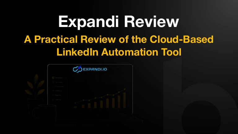 Expandi LinkedIn automation review cover with cloud outreach dashboard and growth analytics visuals.