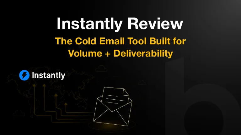 Black and yellow Instantly Review cover image featuring an email envelope illustration and Instantly branding for a cold email outreach platform.