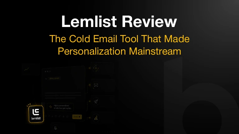 Lemlist cold email review cover with personalization and outreach automation visuals.