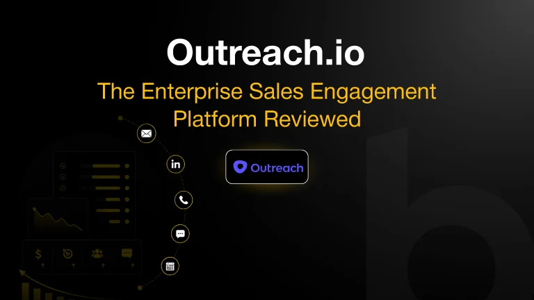 Outreach.io sales engagement review cover with enterprise outreach and communication workflow visuals.