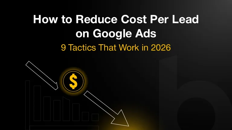 Black and yellow Google Ads cost per lead optimization cover image with declining graph and dollar icon illustration.