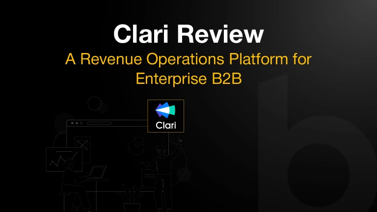 Black and yellow Clari review cover image featuring revenue operations, analytics, and enterprise B2B workflow illustrations.