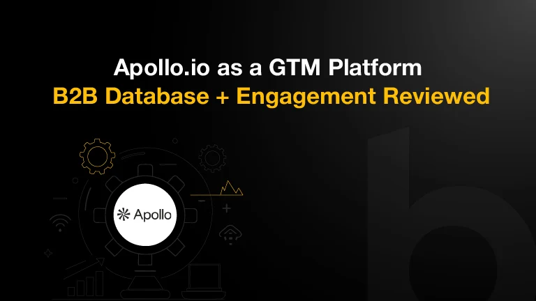 Black and yellow Apollo.io review cover image featuring B2B database, sales engagement, and GTM platform illustrations.