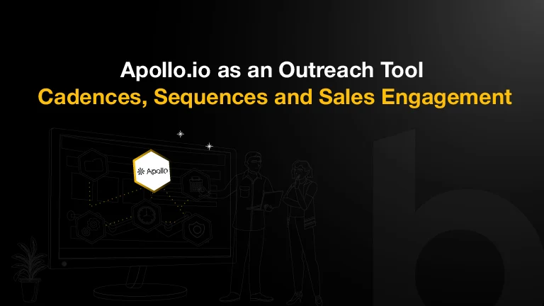 Black and yellow Apollo.io outreach tool cover image featuring sales engagement and outbound sequence illustrations.