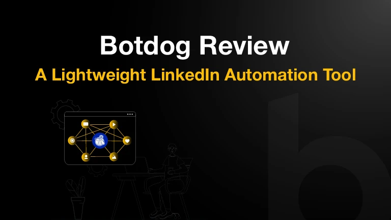 Black and yellow Botdog review cover image featuring LinkedIn automation and outreach workflow illustrations.