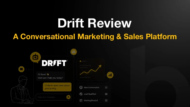 Black and yellow Drift review cover image featuring conversational marketing, chat interface, and sales platform visuals.