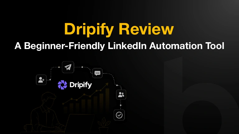 Dripify LinkedIn automation review cover with outreach workflow and analytics visuals in black and yellow.