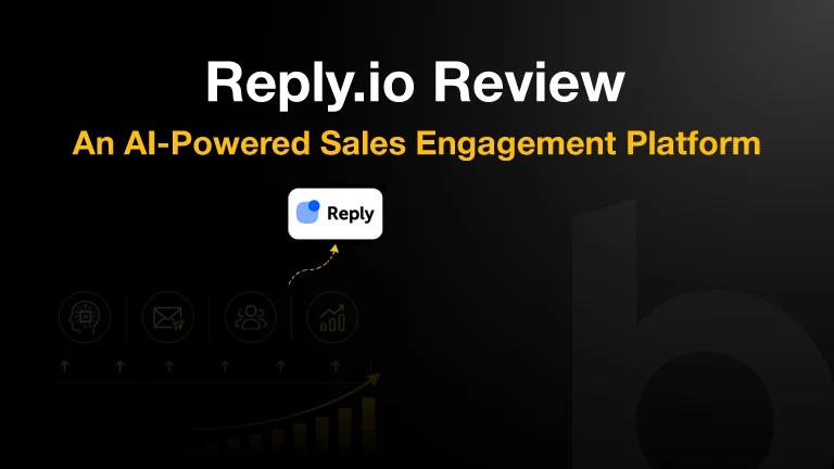 Reply.io sales engagement review cover with AI outreach and automation workflow visuals.