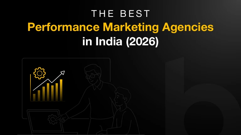 Black and yellow cover image for a blog about the best performance marketing agencies in India in 2026, featuring analytics and growth illustrations.