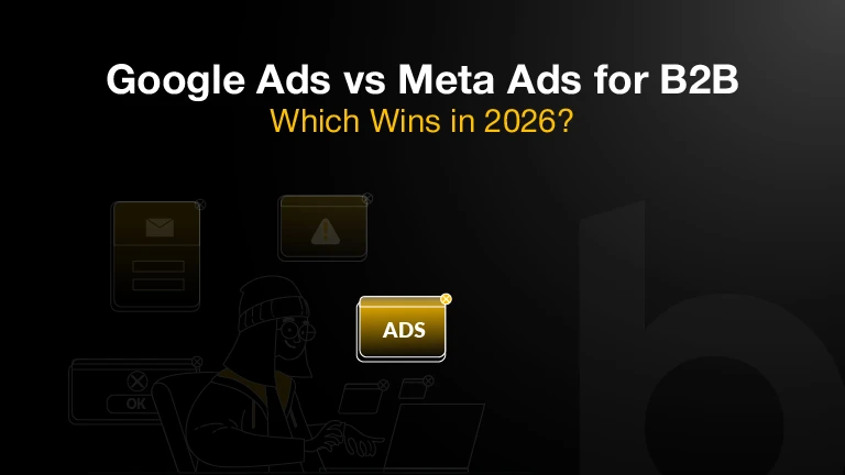 Black and yellow comparison cover image for Google Ads vs Meta Ads in B2B marketing featuring digital advertising interface illustrations.