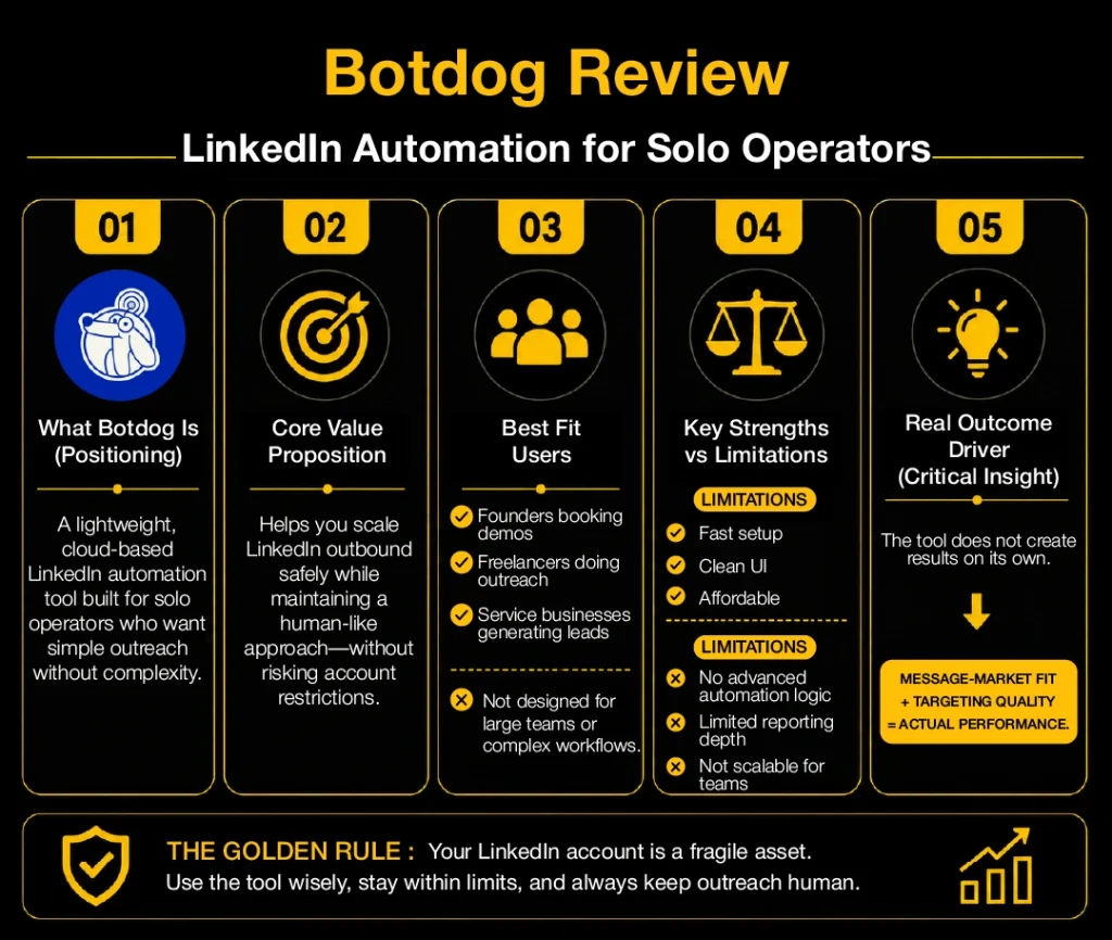 Infographic reviewing Botdog as a LinkedIn automation tool for solo operators, highlighting its core value, ideal users, strengths, limitations, and outreach best practices.