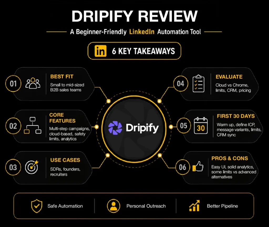 Black and yellow Dripify review infographic highlighting LinkedIn automation features, use cases, evaluation factors, and B2B outreach benefits.