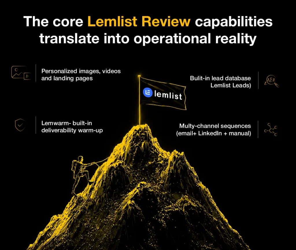 Black and yellow Lemlist review infographic showing multichannel outreach, deliverability warm-up, personalization, and lead generation features.