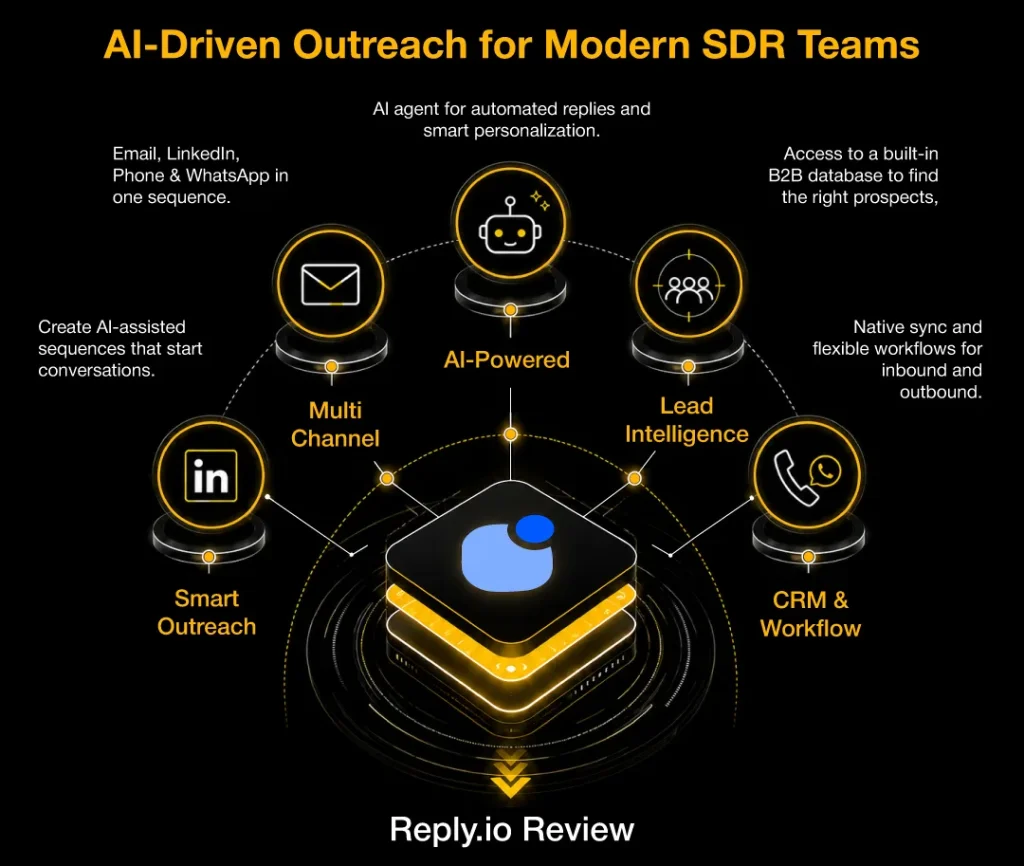 Black and yellow Reply.io review infographic showing AI-powered outreach, multichannel sequences, lead intelligence, and CRM workflow automation.