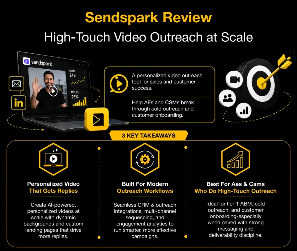 Black and yellow Sendspark review infographic with personalized video outreach visuals and outbound sales workflow highlights.