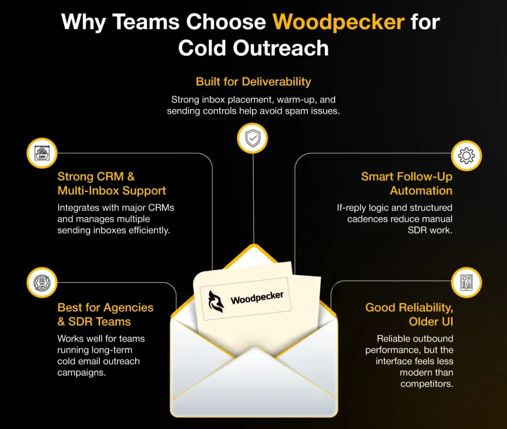 Black and yellow Woodpecker cold outreach infographic with email automation, CRM integration, and deliverability visuals.