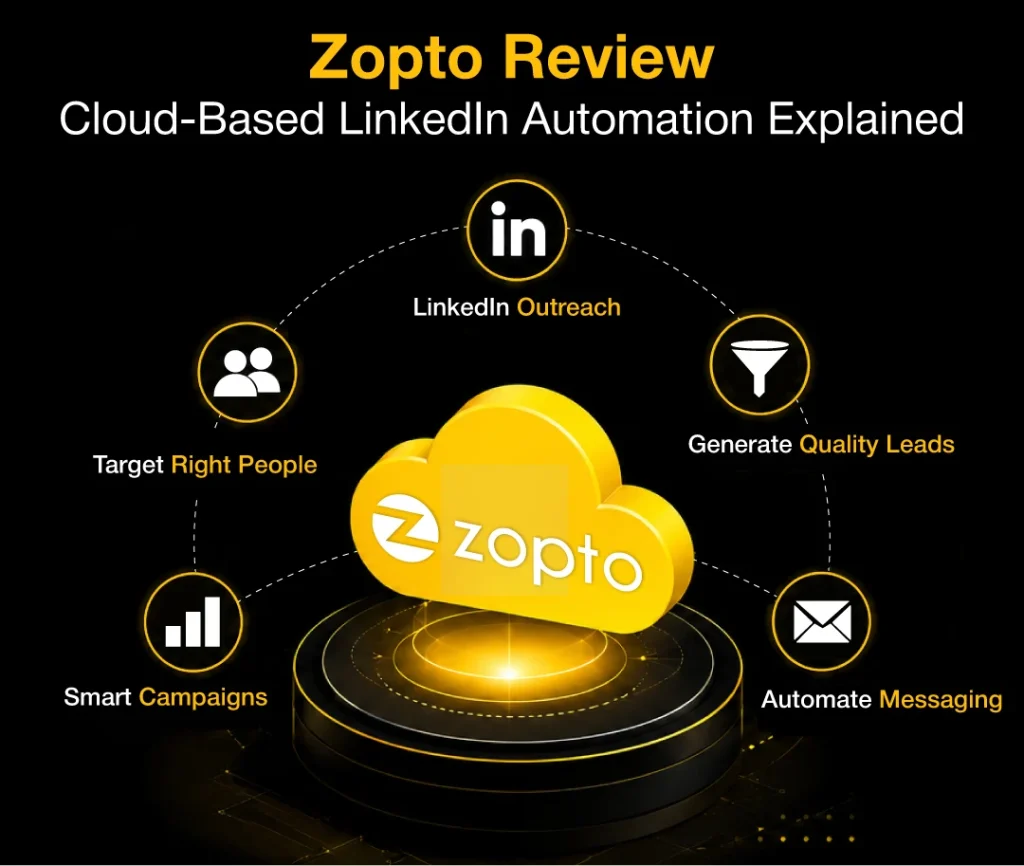 Black and yellow Zopto review infographic with LinkedIn automation, lead generation, and outreach workflow visuals.